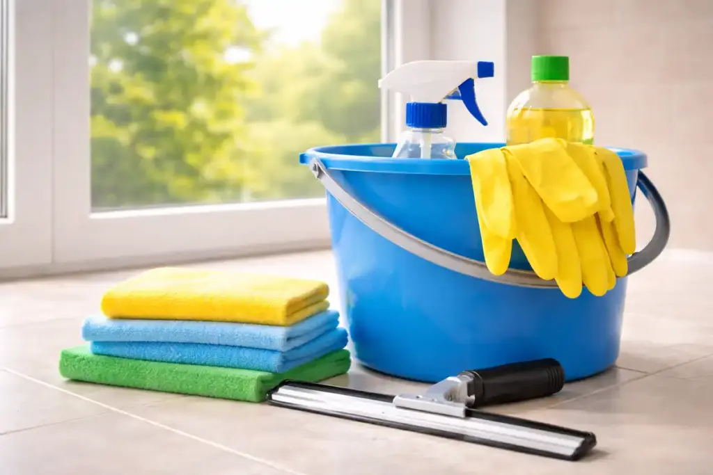 Reinigungsset zum Fenster putzen mit Abzieher Eimer Mikrofasertuch und Reinigungsmittel