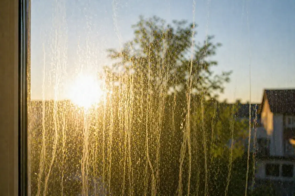 Schlieren und Streifen auf Fensterscheibe im Gegenlicht durch Sonnenlicht deutlich sichtbar