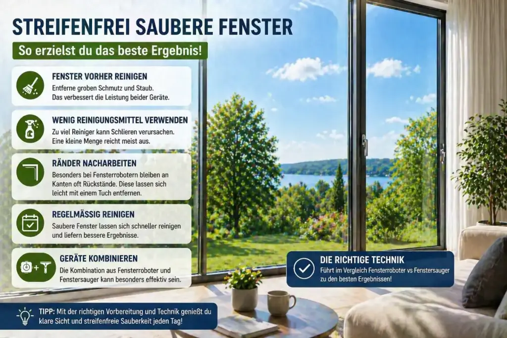 Sauberes Fenster ohne Streifen mit klarem Blick nach draußen zeigt optimales Reinigungsergebnis
