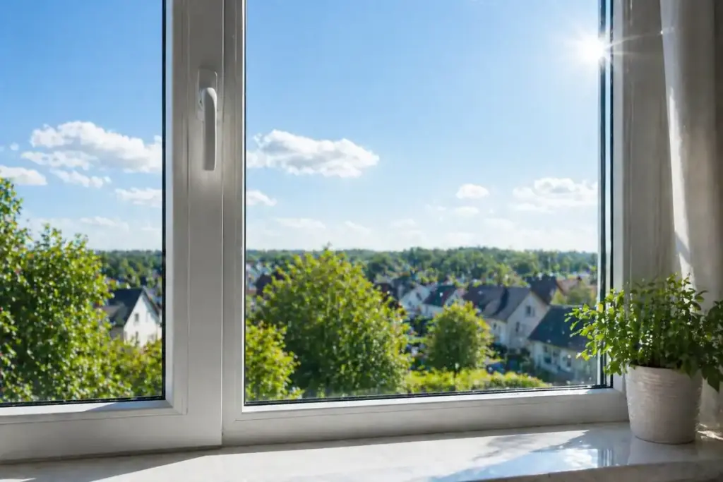 Sauberes Fenster ohne Streifen mit klarer Sicht und glänzender Glasscheibe nach der Reinigung