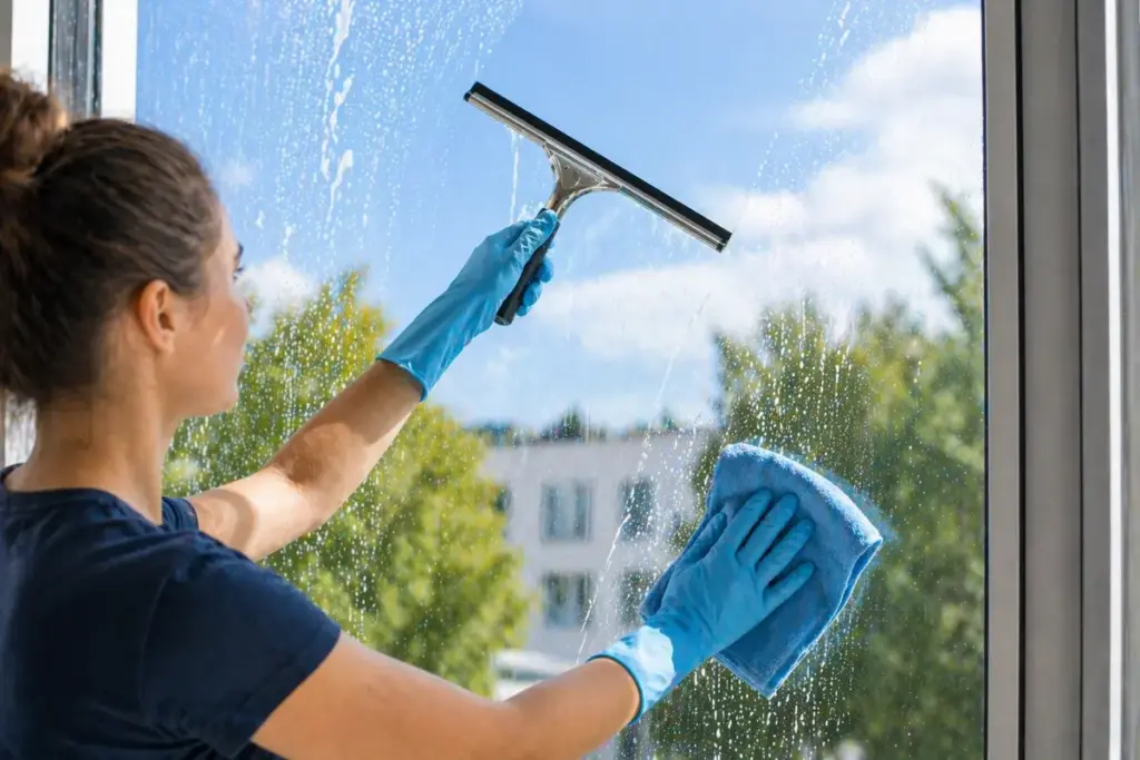 Moderne Fensterreinigung mit Abzieher und Mikrofasertuch für streifenfreie saubere Fensterscheiben