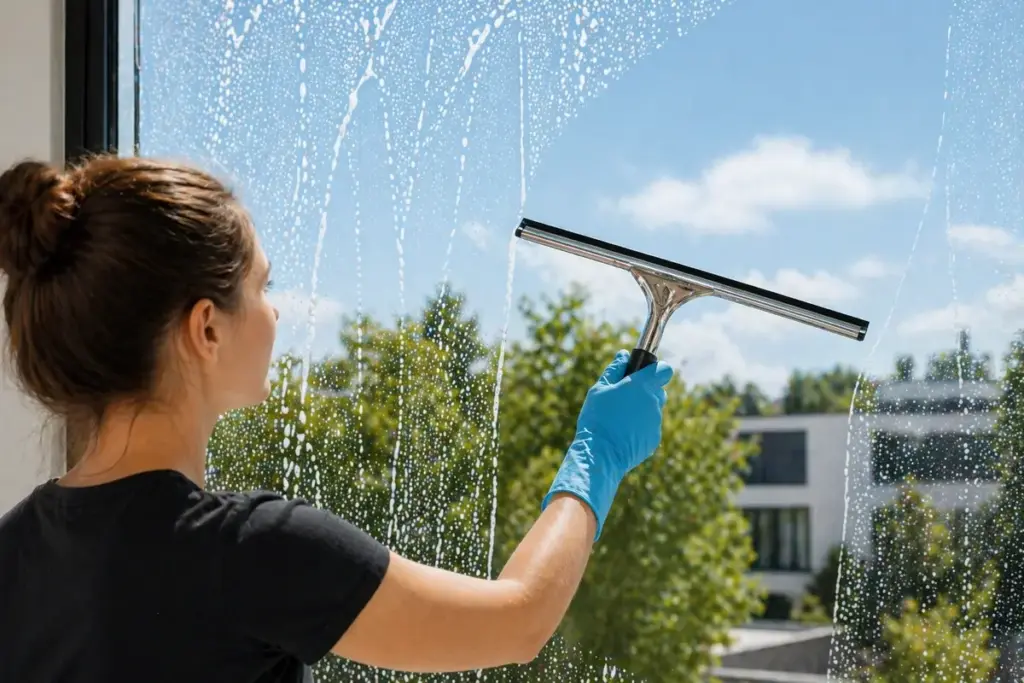 Person reinigt Fenster mit Abzieher und entfernt Wasser sowie Schaum für streifenfreie Glasscheiben