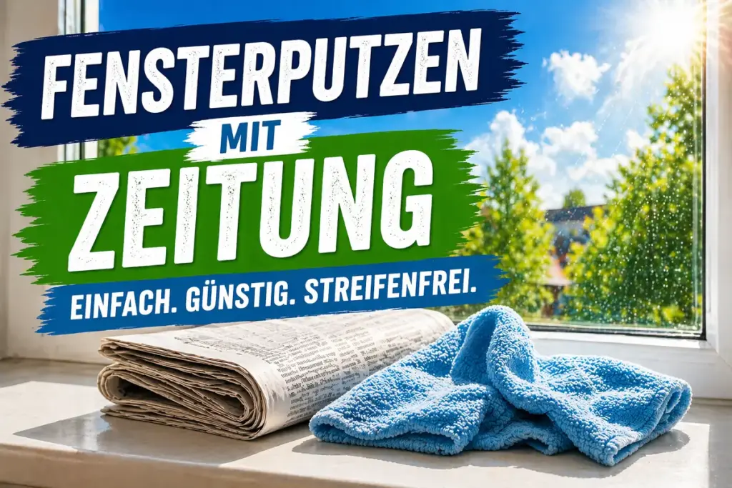 Fensterputzen mit Zeitung und Mikrofasertuch für streifenfreie saubere Fenster im Tageslicht