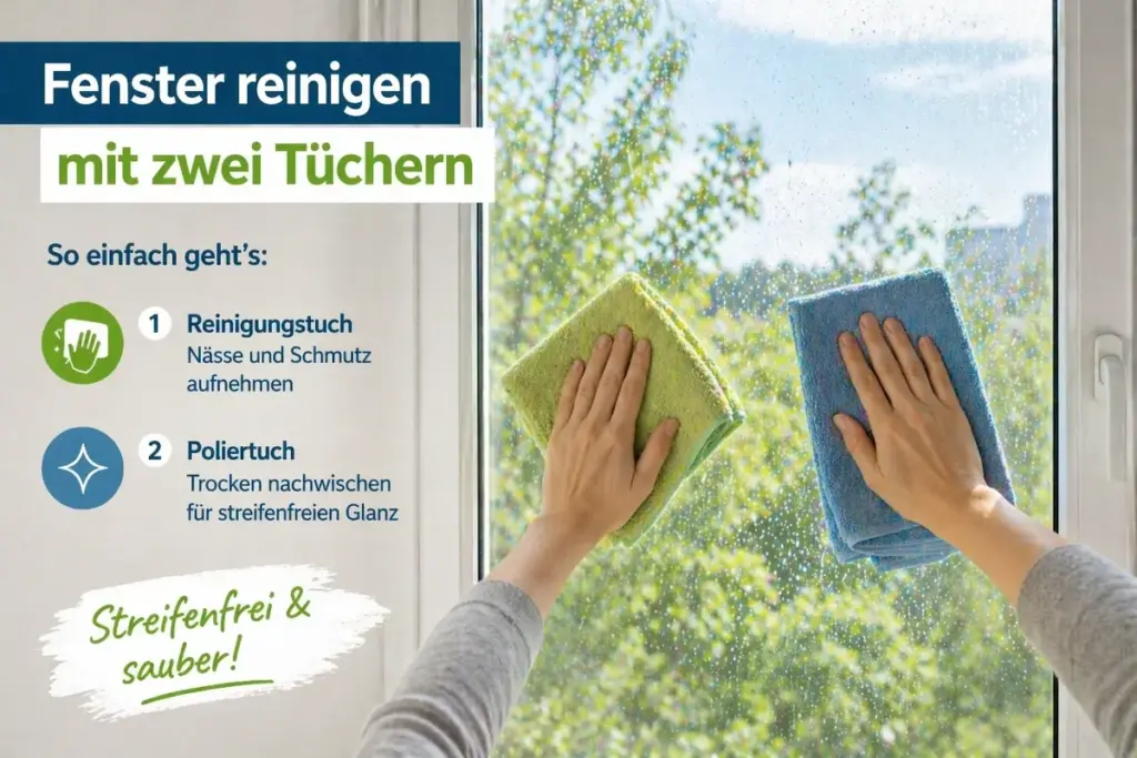 Fensterreinigung mit zwei Tüchern gleichzeitig für streifenfreien Glanz und saubere Glasscheiben