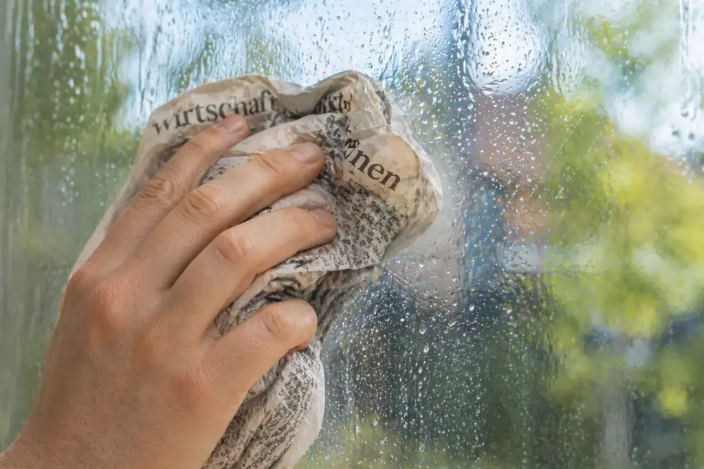 Detailaufnahme von Zeitungspapier beim Reinigen einer nassen Fensterscheibe mit sichtbaren Wassertropfen