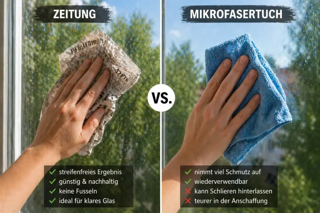 Vergleich von Zeitungspapier und Mikrofasertuch beim Fensterputzen auf Glasfläche
