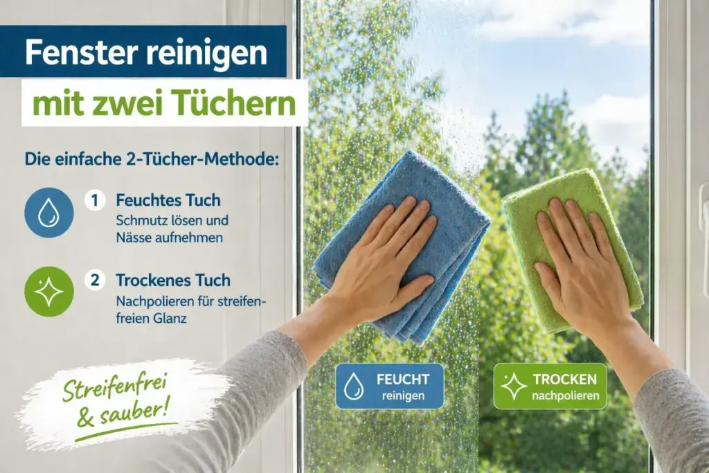 Fensterreinigung mit zwei Tüchern feucht und trocken für streifenfreien Glanz und saubere Glasscheiben