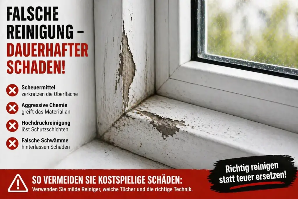 Beschädigter Fensterrahmen mit abgeplatzter Oberfläche durch falsche Reinigung und aggressive Mittel