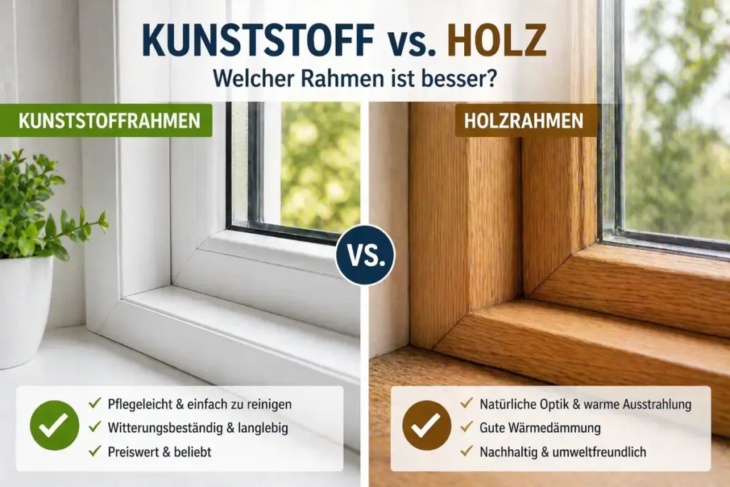 Vergleich von Kunststoff- und Holzfensterrahmen mit unterschiedlichen Materialien und Oberflächen
