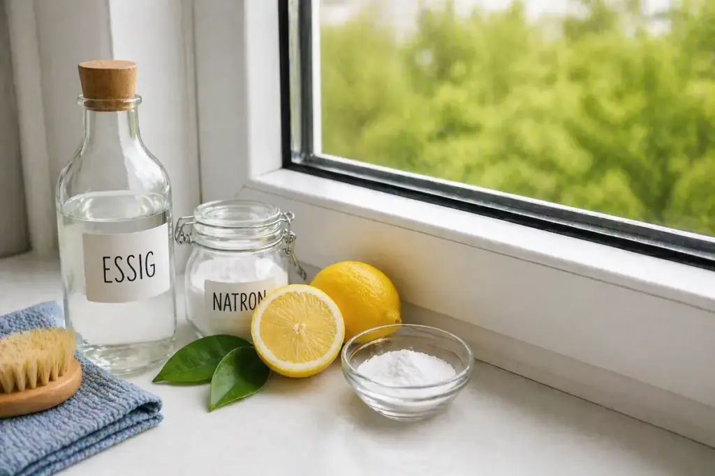 Hausmittel wie Essig, Natron und Zitrone zur Reinigung von Fensterrahmen neben einer Fensterbank