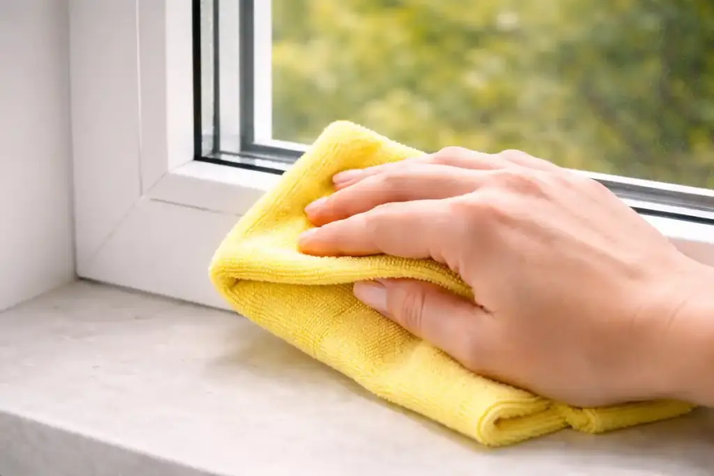 Detailaufnahme Reinigung eines Fensterrahmens mit Mikrofasertuch