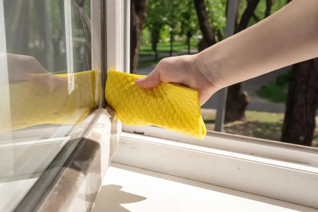 Weißer Fensterrahmen wird mit Tuch gereinigt zur Vorbereitung der Fenster Reinigung