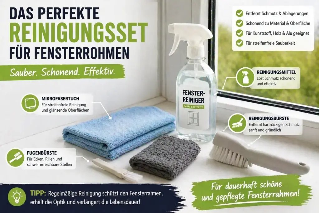 Reinigungsset für Fensterrahmen mit Mikrofasertuch, Bürste und Reinigungsmittel auf Fensterbank