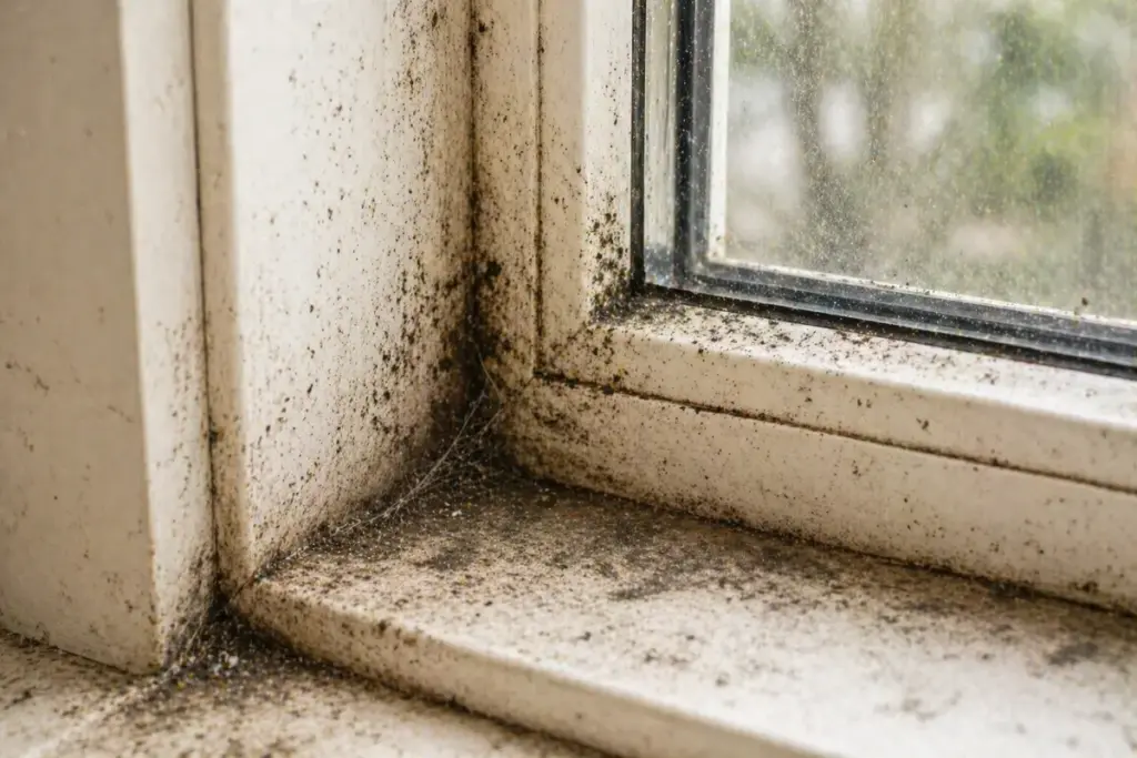 Stark verschmutzter Fensterrahmen in der Ecke mit Staub, Schmutz und Ablagerungen vor der Reinigung