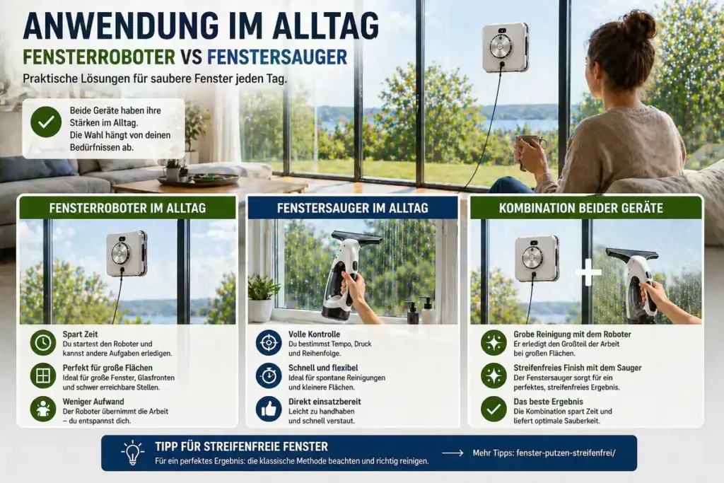 Fensterreinigung im Wohnzimmer mit großen Glasflächen zeigt Anwendung von Fensterroboter und Fenstersauger im Alltag