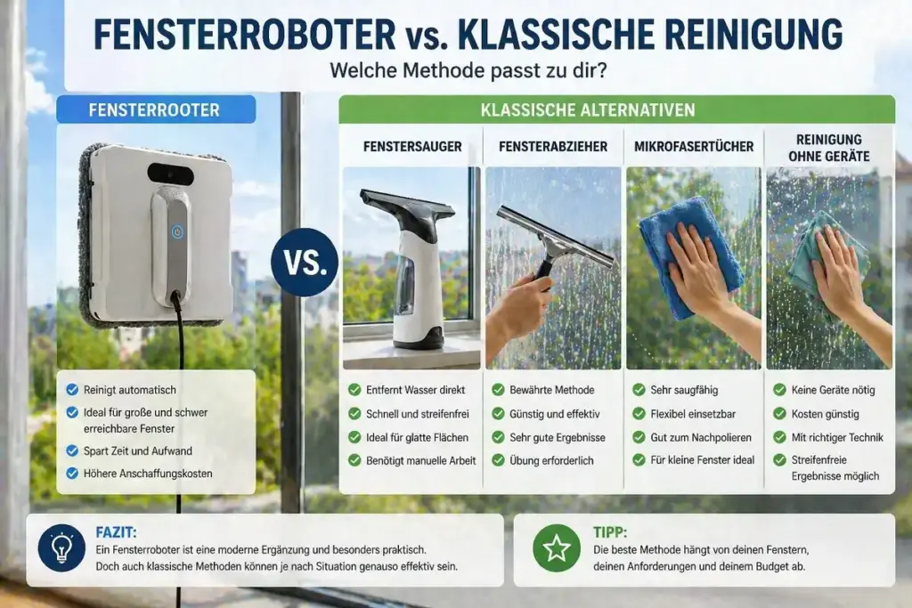 Vergleich Fensterroboter und klassische Fensterreinigung mit Abzieher und Tuch auf Glasfläche
