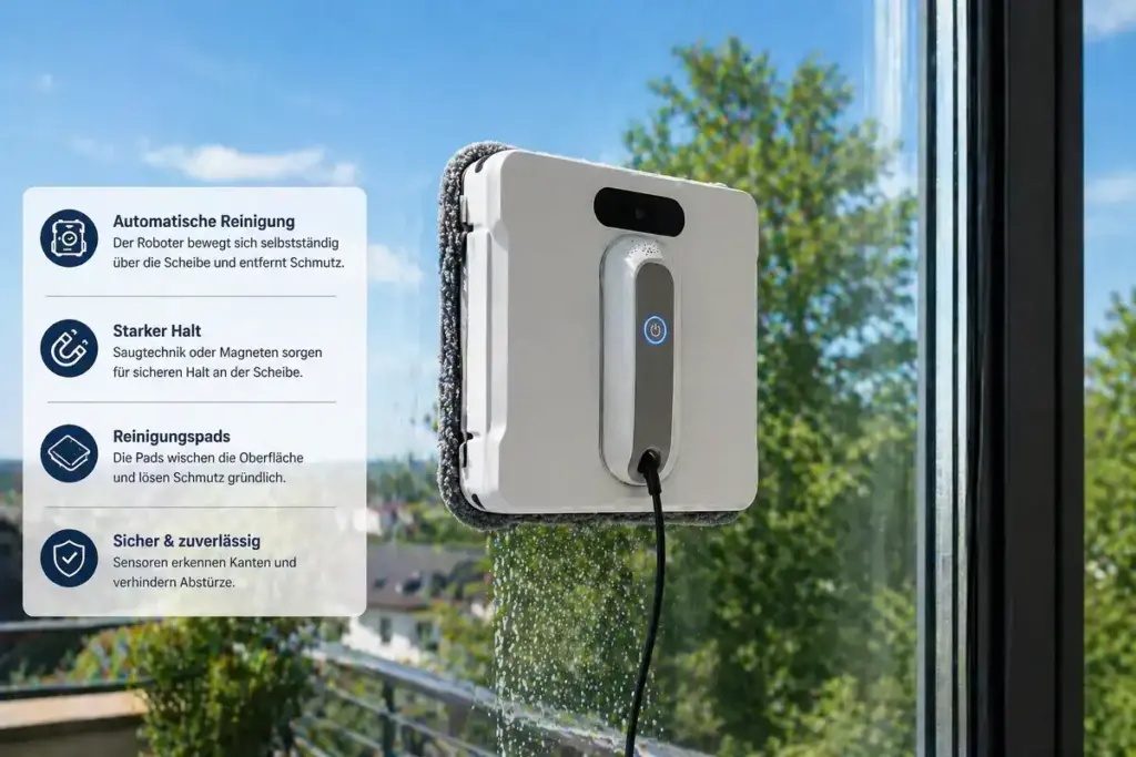 Fensterroboter haftet an Glasscheibe und reinigt automatisch die Oberfläche