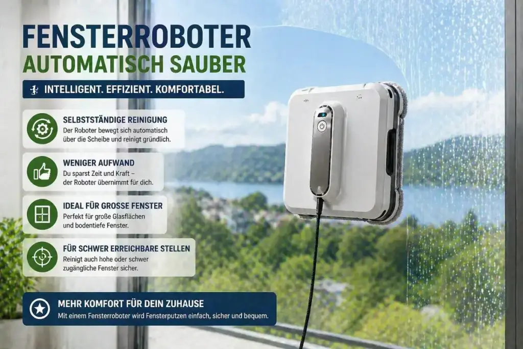 Fensterroboter reinigt große Glasfläche automatisch und zeigt Funktionsweise bei der Fensterreinigung