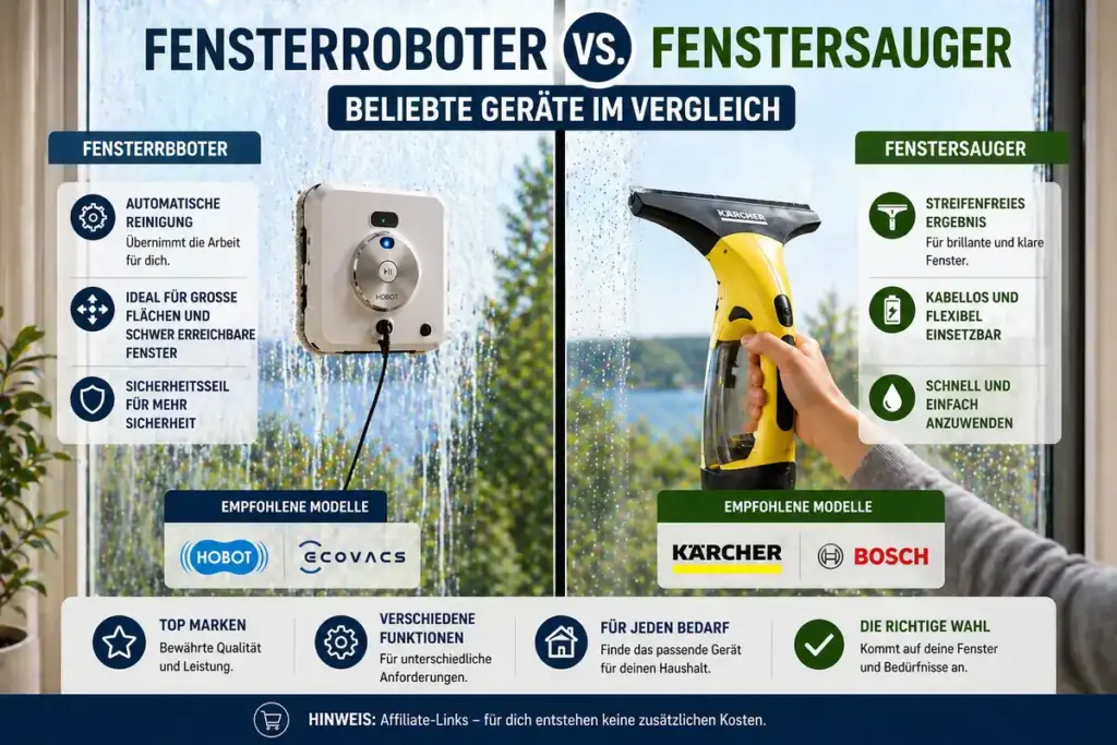 Fensterroboter und Fenstersauger im Einsatz nebeneinander zeigt Vergleich beliebter Geräte zur Fensterreinigung