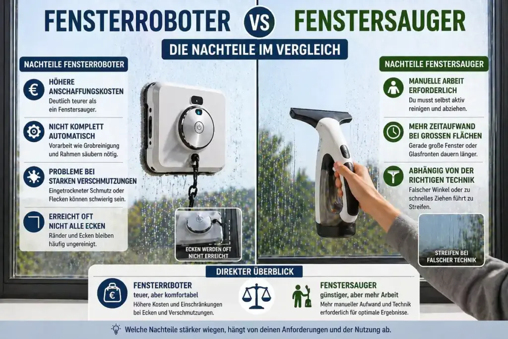 Fensterroboter und Fenstersauger im Vergleich zeigt Nachteile wie Eckenprobleme und manuellen Aufwand