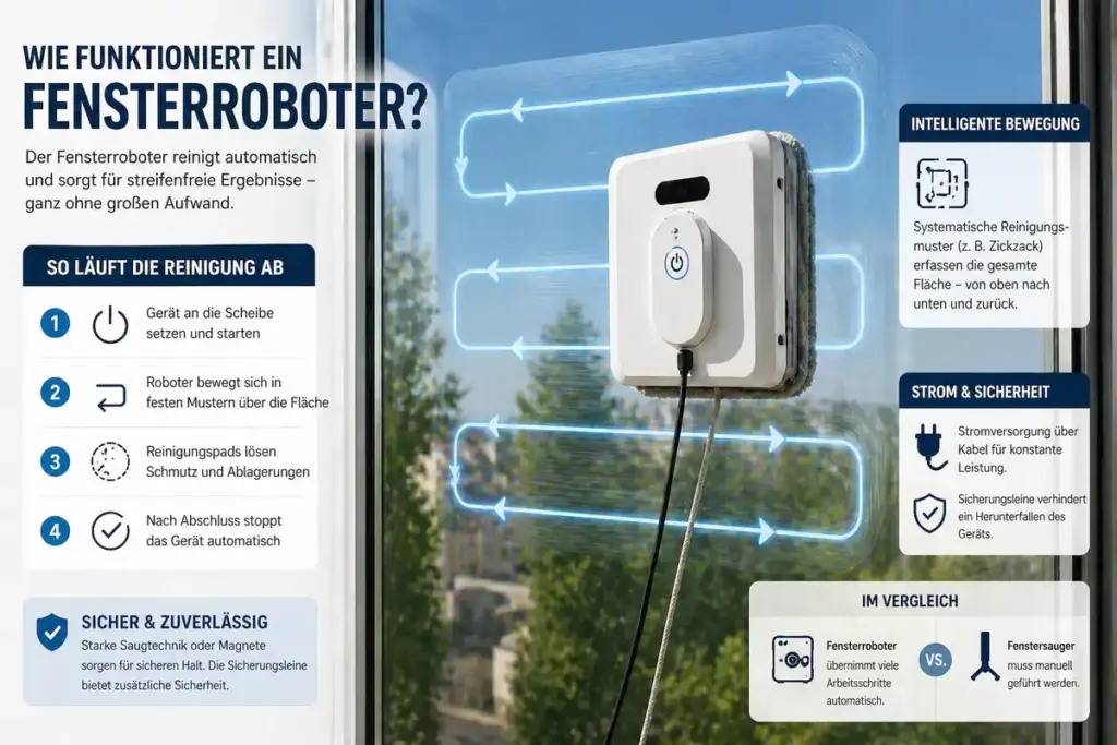 Fensterroboter bewegt sich automatisch über Glasfläche und reinigt systematisch die Scheibe