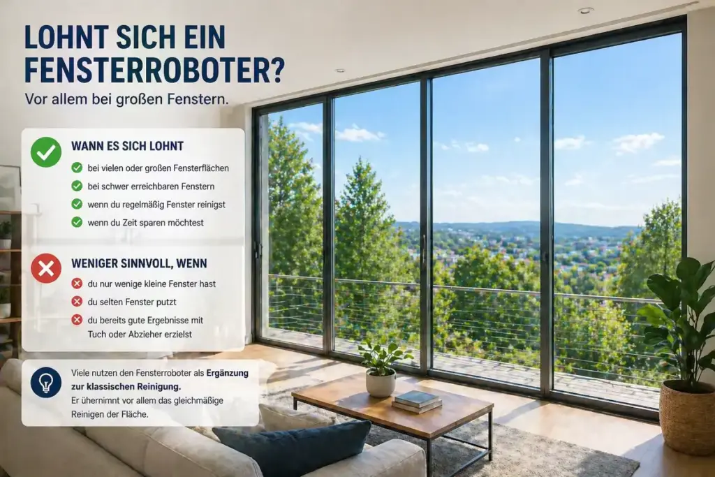 Große Fensterfront im Wohnbereich zeigt idealen Einsatz für Fensterroboter bei vielen Glasflächen