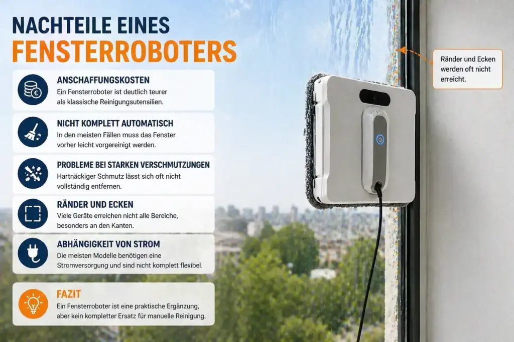 Fensterroboter erreicht Fensterkante nicht vollständig und zeigt typische Nachteile bei der Reinigung