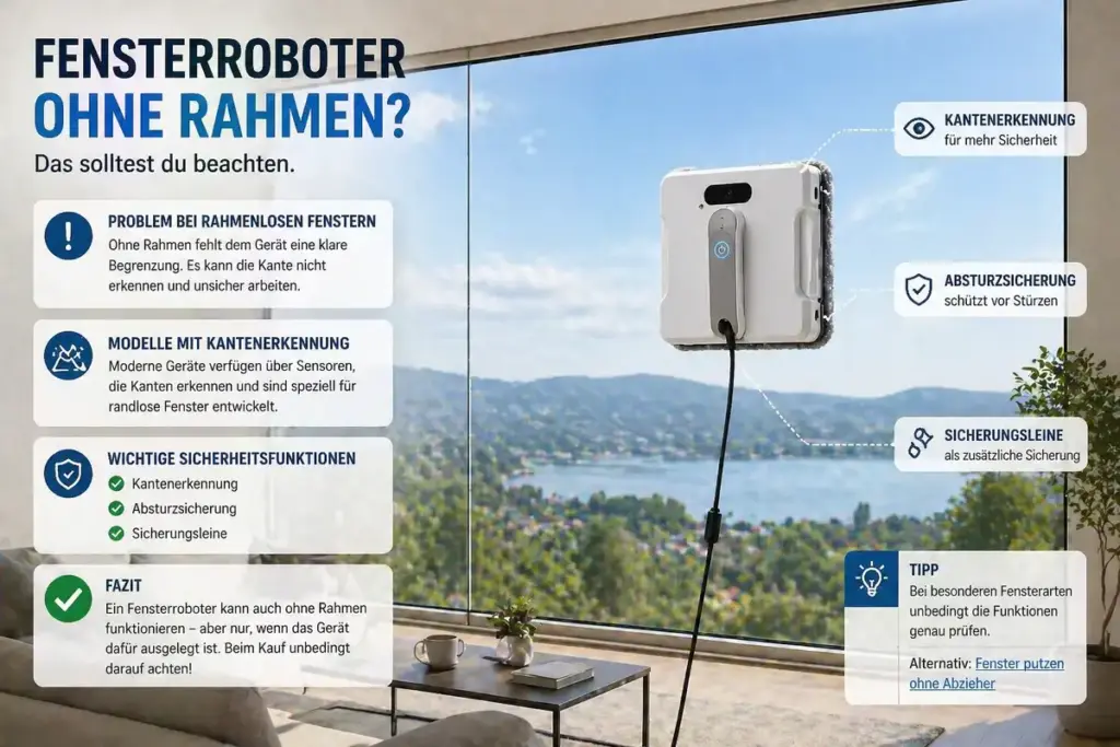 Fensterroboter auf rahmenlosem Fenster mit großer Glasfläche ohne sichtbaren Rahmen