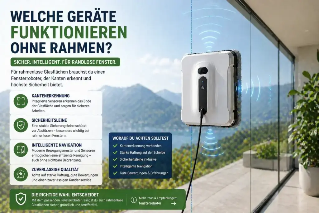Moderner Fensterroboter mit Kantenerkennung auf großer rahmenloser Glasfläche