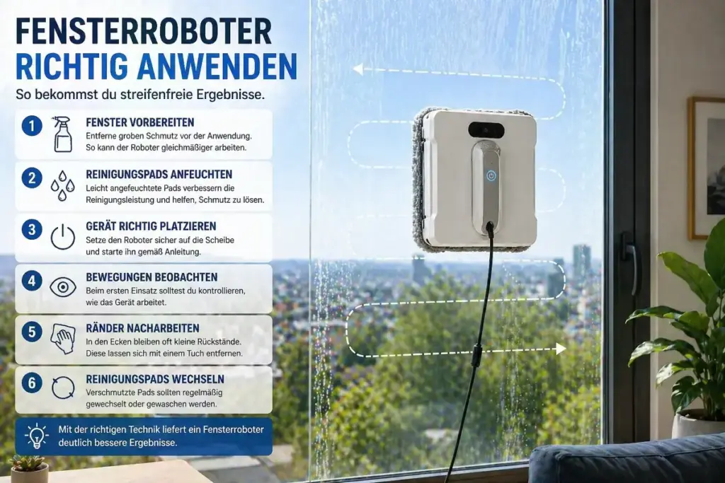 Fensterroboter richtig anwenden auf Glasfläche mit Reinigungspads für streifenfreie Fenster