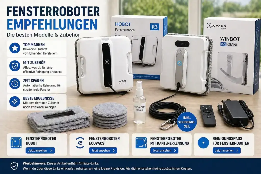 Fensterroboter Set mit Zubehör wie Reinigungspads und Ersatzteilen für effektive Fensterreinigung