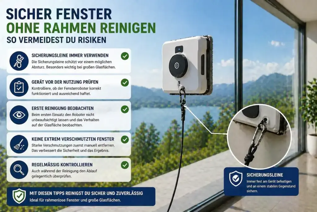Fensterroboter mit Sicherungsleine an Glasfläche für sichere Reinigung ohne Rahmen
