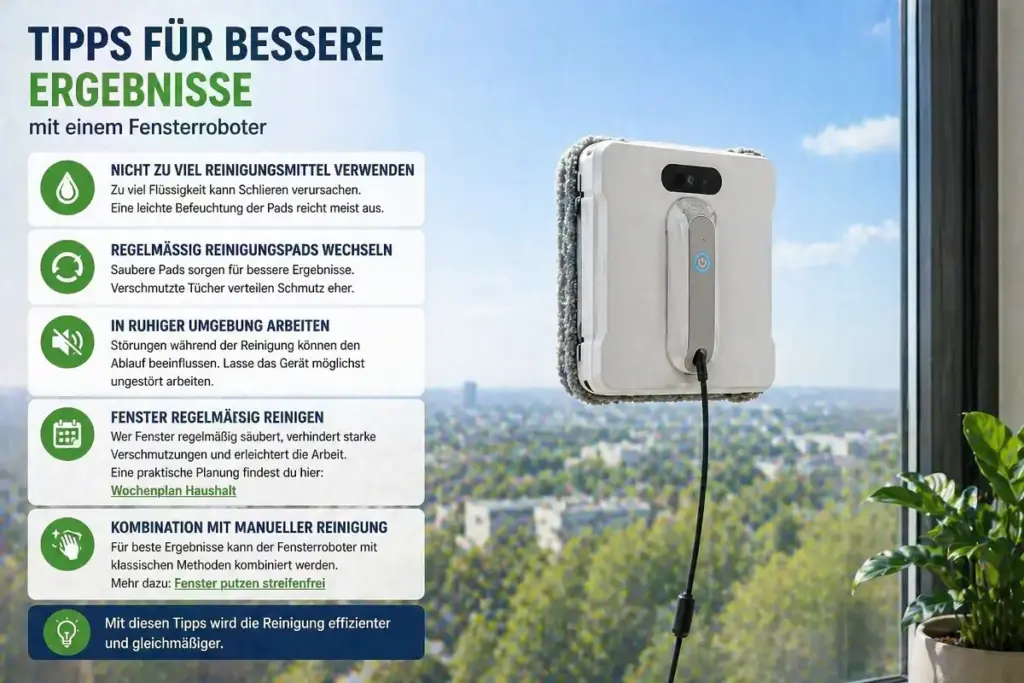 Fensterroboter auf sauberer Glasfläche mit Tipps für bessere und streifenfreie Reinigungsergebnisse