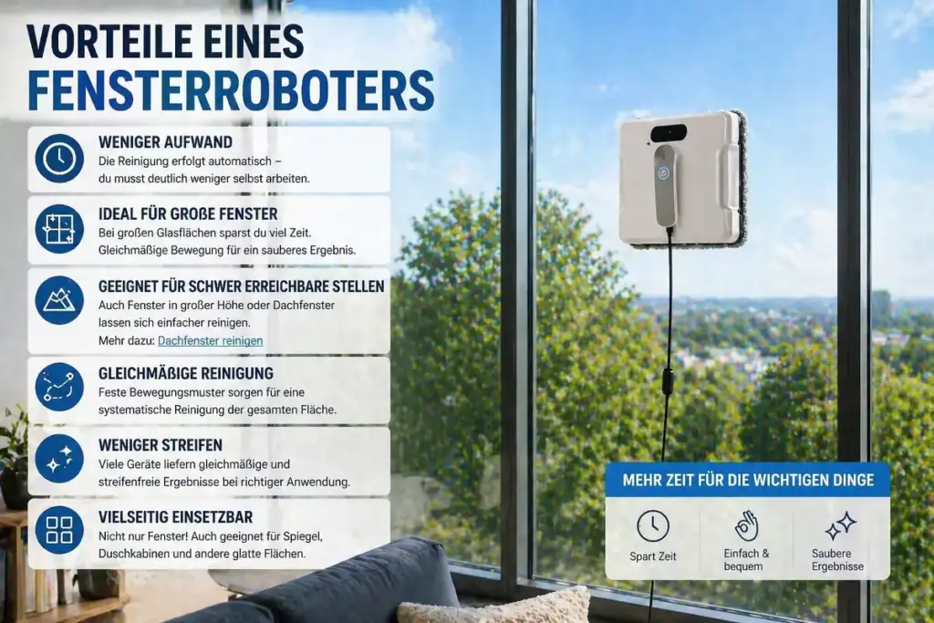 Fensterroboter reinigt große Glasfront automatisch und zeigt Vorteile wie weniger Aufwand und gleichmäßige Reinigung