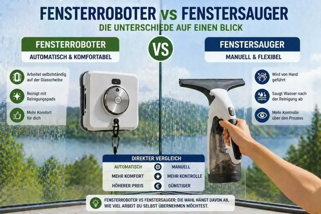 Vergleich Fensterroboter und Fenstersauger auf Glasfläche mit automatischer und manueller Reinigung. Fensterroboter vs Fenstersauger
