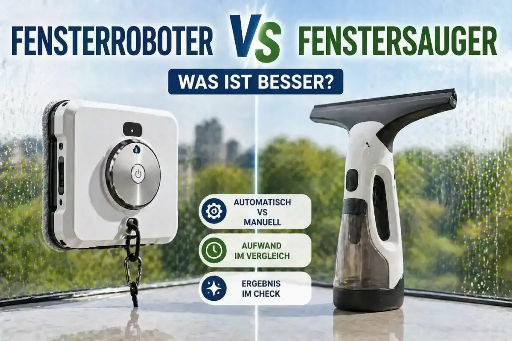 Fensterroboter und Fenstersauger im direkten Vergleich bei der Reinigung einer Glasfläche