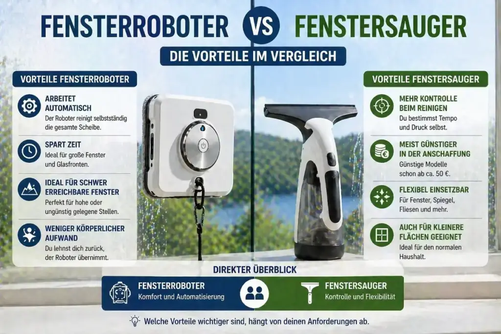 Fensterroboter und Fenstersauger im Vergleich nebeneinander zeigt Vorteile beider Geräte bei der Fensterreinigung
