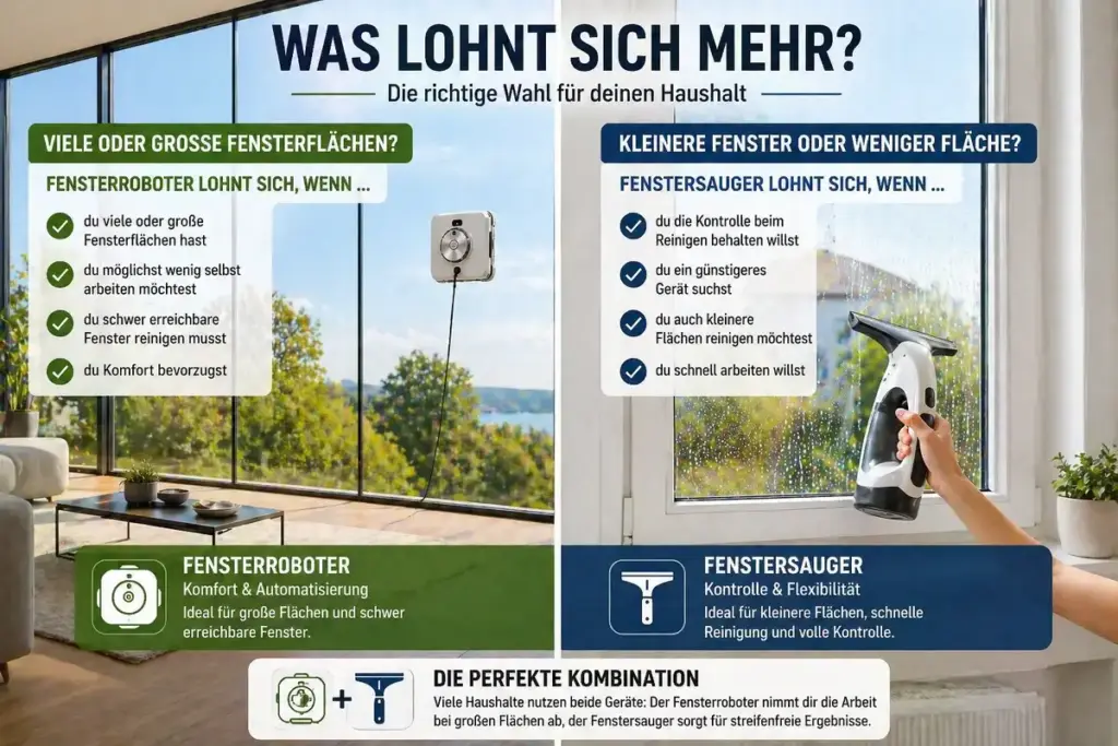 Große Fensterfront und kleines Fenster im Vergleich zeigt wann Fensterroboter oder Fenstersauger sinnvoll ist