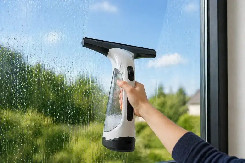 Fenstersauger beim Absaugen von Wasser auf Fenster für saubere und klare Glasflächen