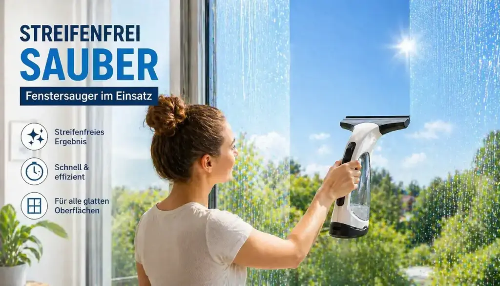 Fenster wird mit Fenstersauger gereinigt und zeigt ein streifenfreies Ergebnis ohne Schlieren