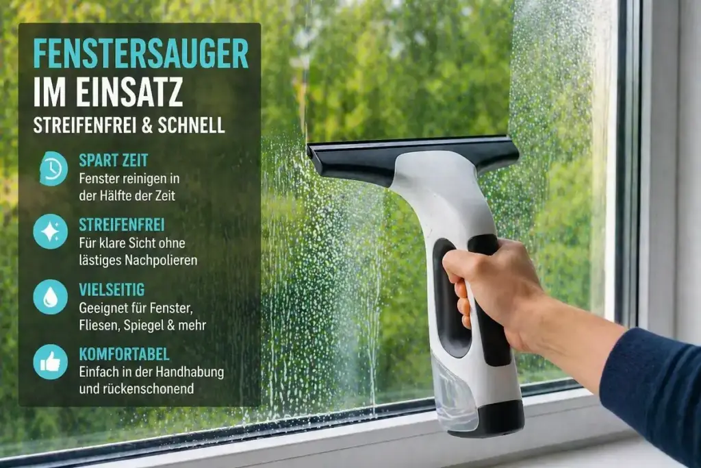 Fenstersauger im Einsatz auf Glasscheibe für streifenfreie und schnelle Fensterreinigung