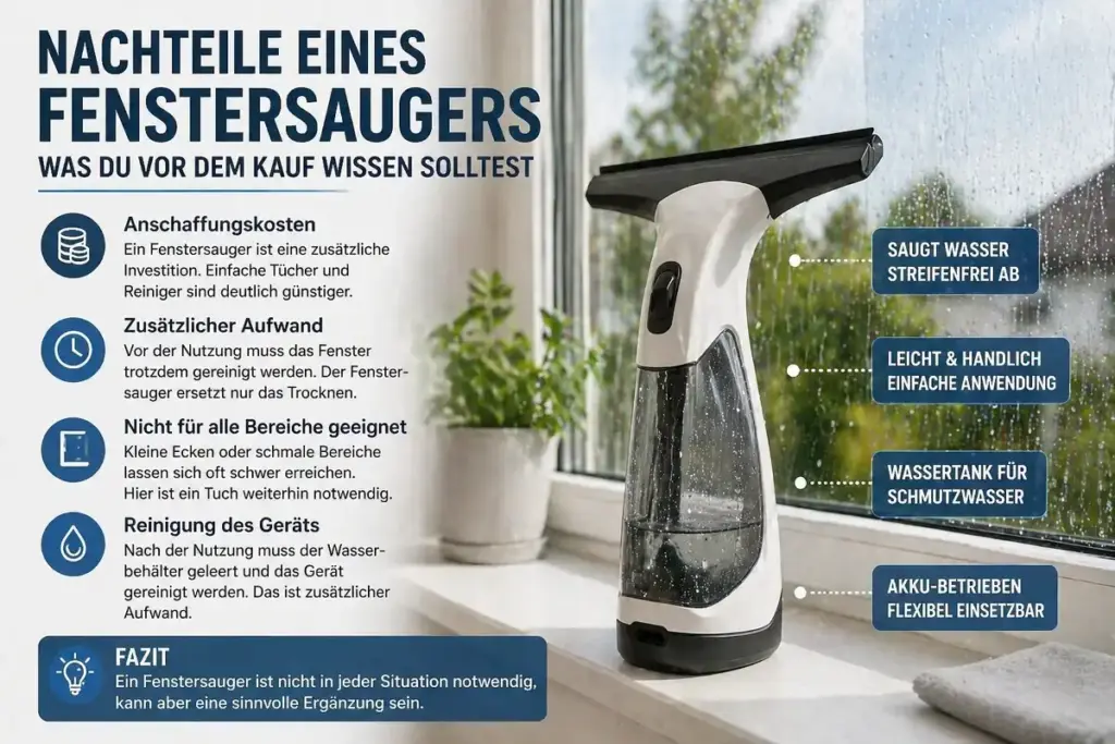 Fenstersauger mit Wassertank und Übersicht der Nachteile wie Kosten, Aufwand und eingeschränkte Nutzung