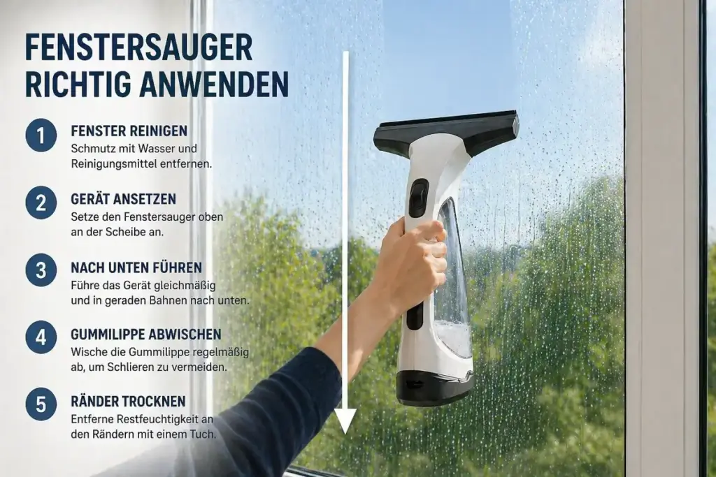 Fenstersauger wird von oben nach unten über die Glasscheibe geführt für streifenfreie Reinigung