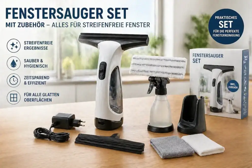 Fenstersauger Set mit Zubehör wie Sprühflasche, Mikrofasertuch und Ladegerät für die Fensterreinigung