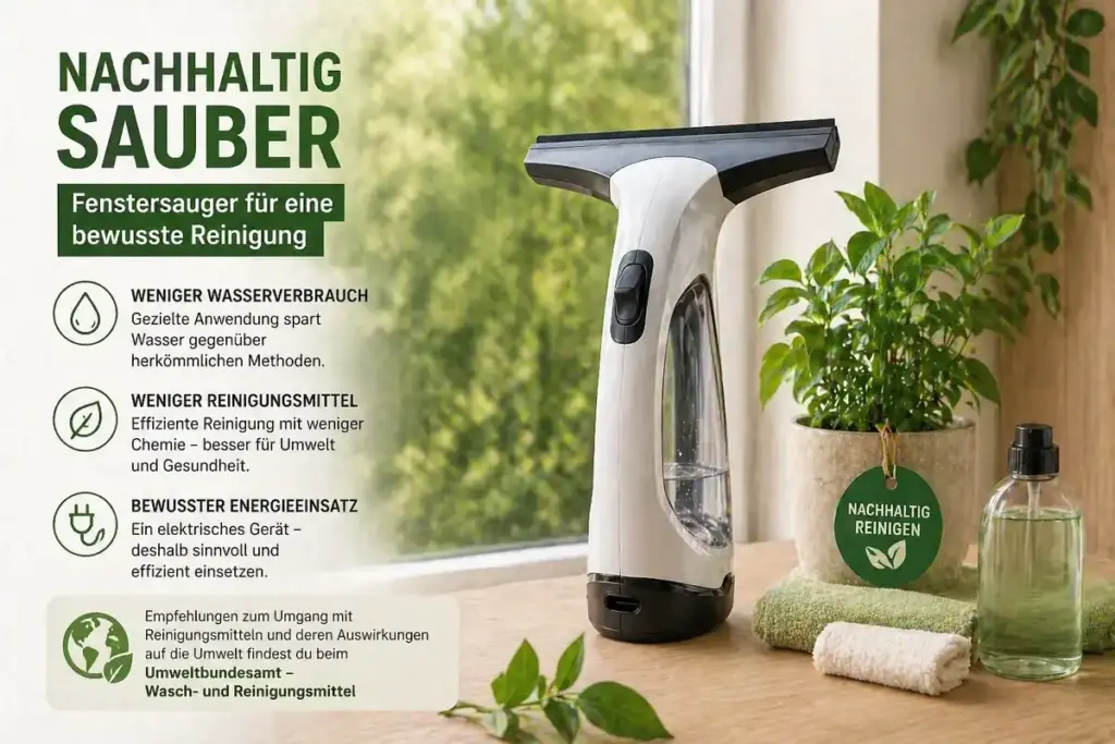 Fenstersauger für nachhaltige Reinigung mit weniger Wasser und Reinigungsmitteln in heller Umgebung mit Pflanzen