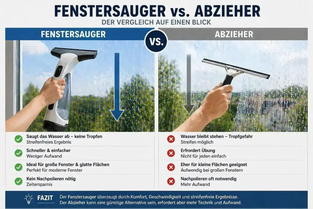 Vergleich von Fenstersauger und Abzieher bei der Fensterreinigung mit Vorteilen und Unterschieden