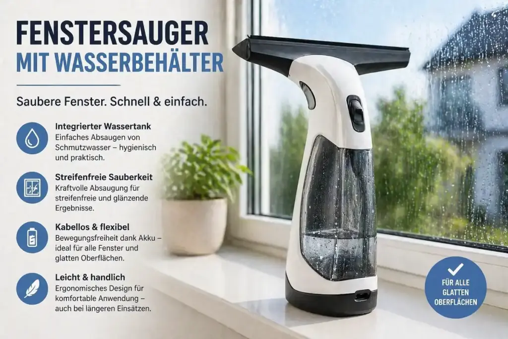 Fenstersauger mit integriertem Wasserbehälter für das Absaugen von Schmutzwasser bei der Fensterreinigung