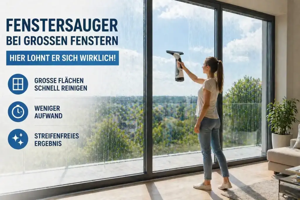Fenstersauger bei großen Fenstern in Wohnung zeigt Vorteile bei großen Glasflächen