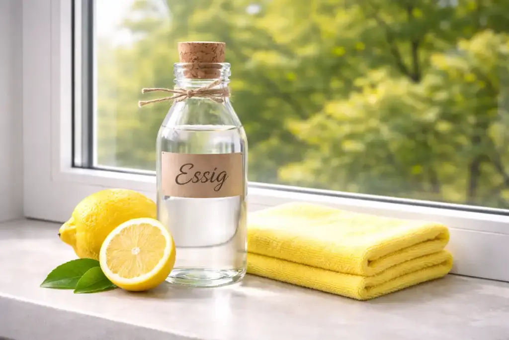 Hausmittel zum Fenster putzen mit Zitrone Essig und Mikrofasertuch am Fenster