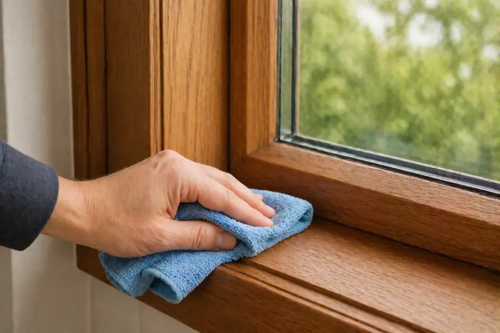 Holzfensterrahmen wird mit Mikrofasertuch vorsichtig gereinigt um Schmutz zu entfernen und Oberfläche zu schonen